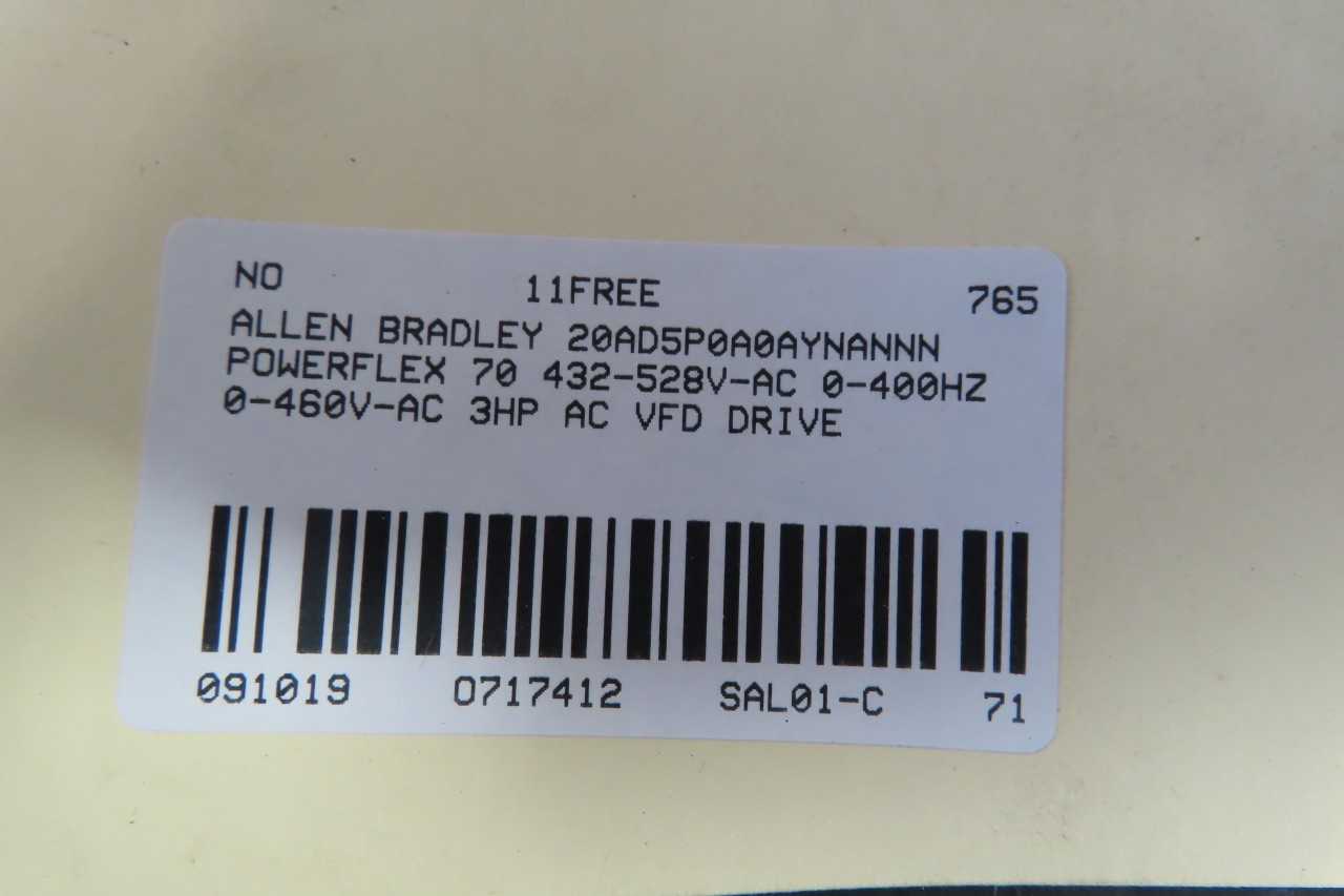 ALLEN BRADLEY 20AD5P0A0AYNANNN POWERFLEX 70 3HP VFD - MOTOR DRIVES