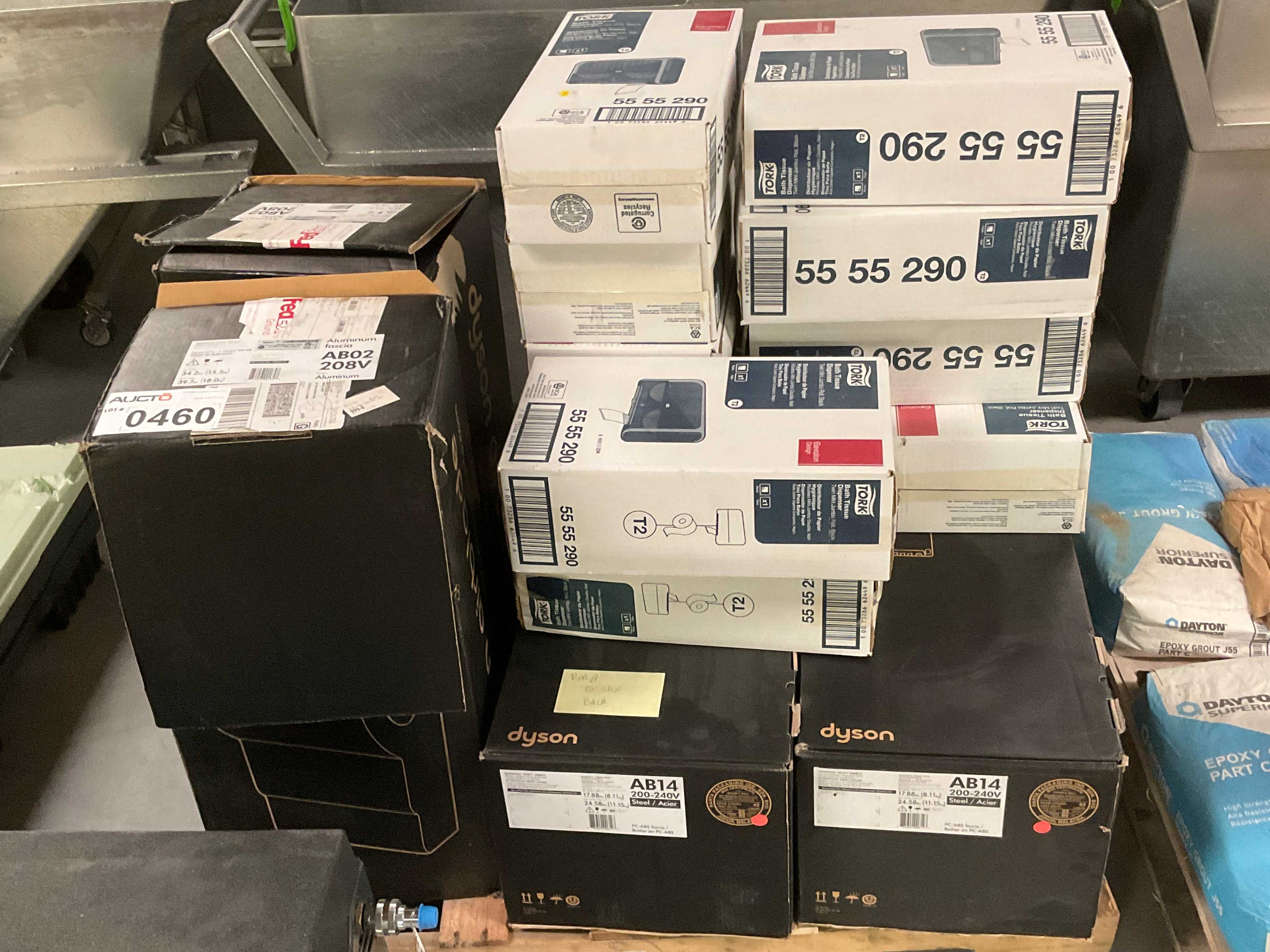 Pallet of Dyson Electric Hand Dryers and Tork Bath Tissue Dispensers