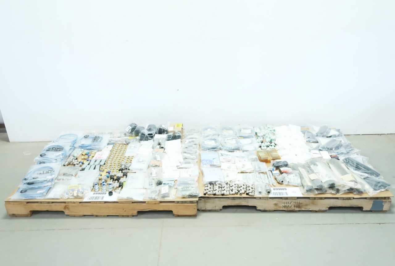 2 PALLETS OF BRASS FITTINGS, NEEDLE VALVE, CONDUIT CONNECTORS, JUNCTION BOX, DIVIDER VALVE, PNEUMATIC CYLINDER, PLUGS - VALVES