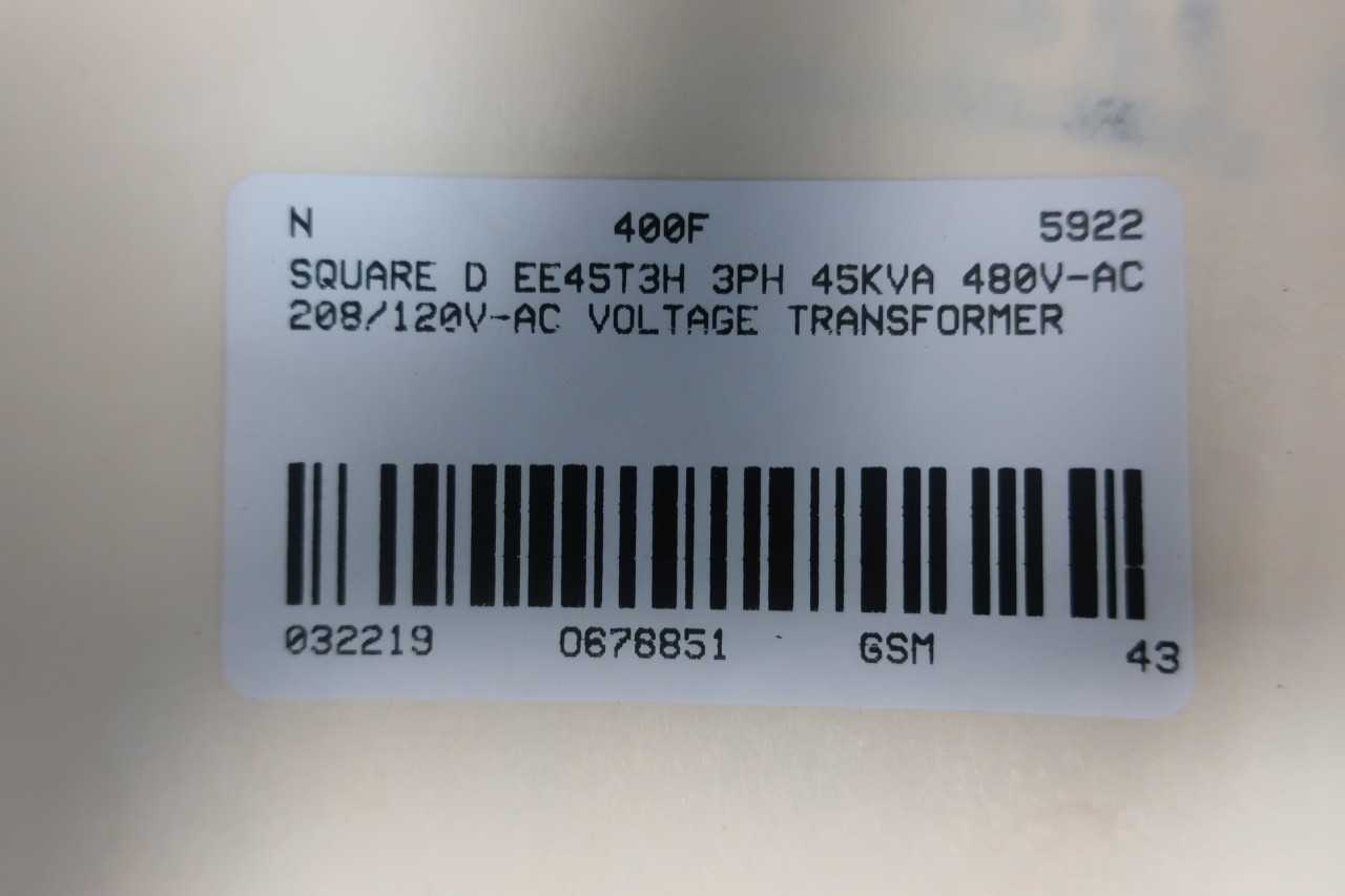 Square D EE45T3H Voltage Transformer 3ph 45kva 480v-ac 208/120v-ac - CONTROL TRANSFORMERS