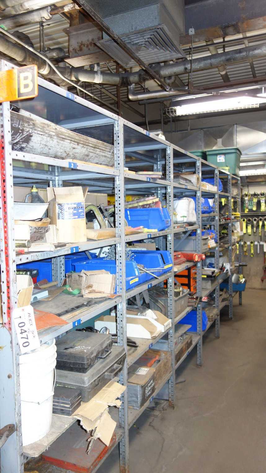 CONTENTS OF 6 SHELVING SECTIONS ASSORTED BRUSHES CLAMPS BITS ROLLER CHAINS - INDUSTRIAL PARTS