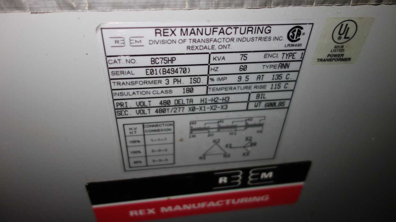 REX 75KVA 480/277V-AC TRANSFORMER BC75HP - CONTROL TRANSFORMERS