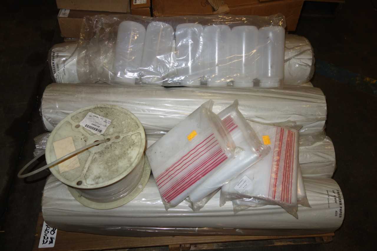 3 PALLETS OF PLASTIC BAGS, PLASTIC SHEETING, TUBING, FREEZER PAPER - PROCESS EQUIPMENT