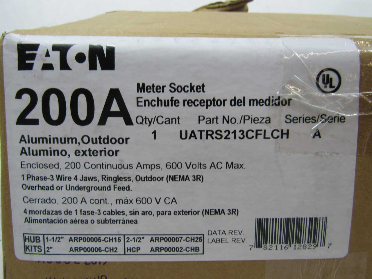 Quantity of 3 New Surplus Eaton UATRS213CFLCH Meter Socket Ringless 200A 600V 1Ph 4Jaws NEMA 3R - INDUSTRIAL PARTS