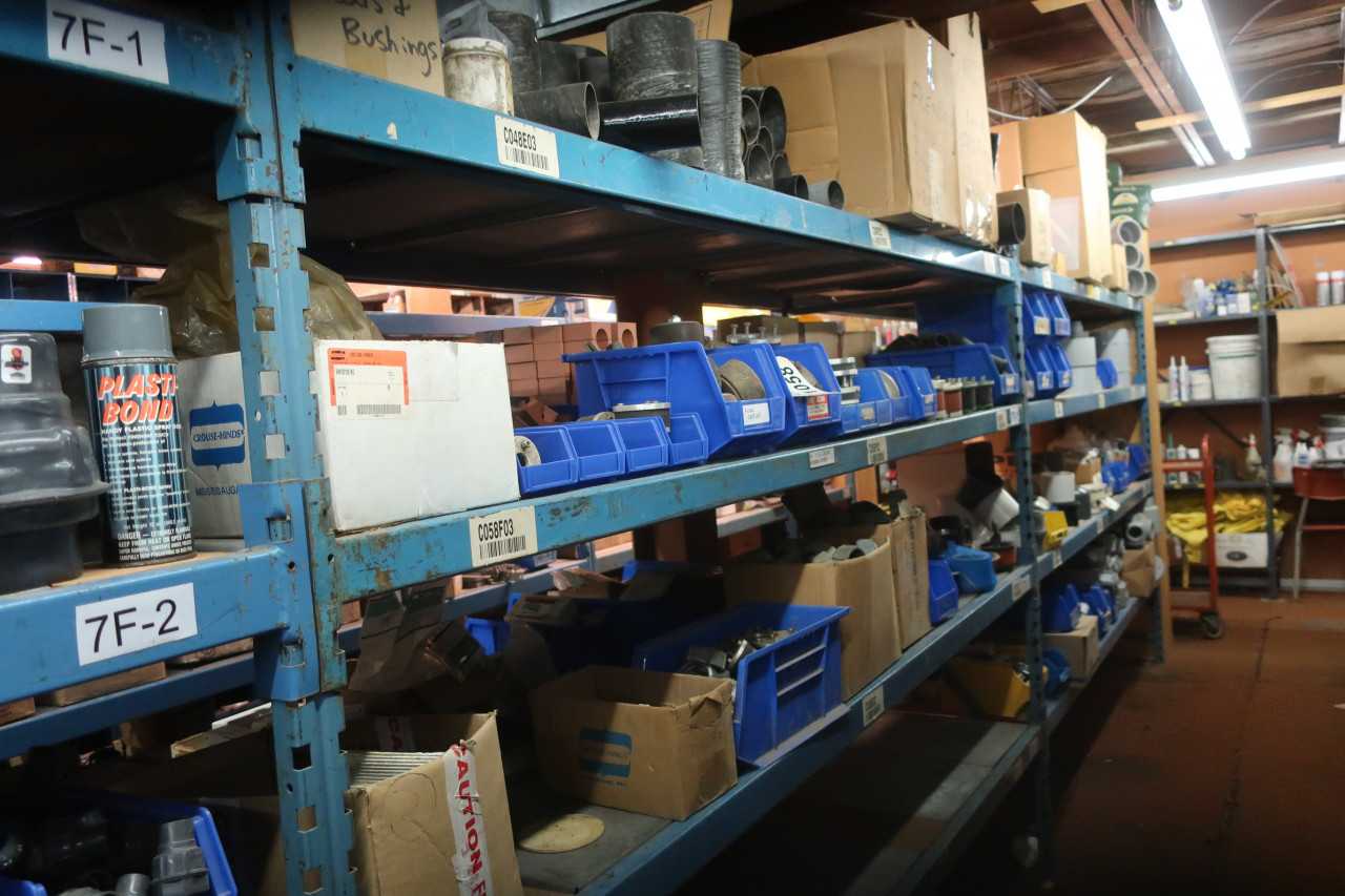 3-1/2 SHELVES, ASSORTED GENERAL PURPOSE COVERS, STOPPERS, FLOOR CASTLES, FITTINGS - INDUSTRIAL PARTS