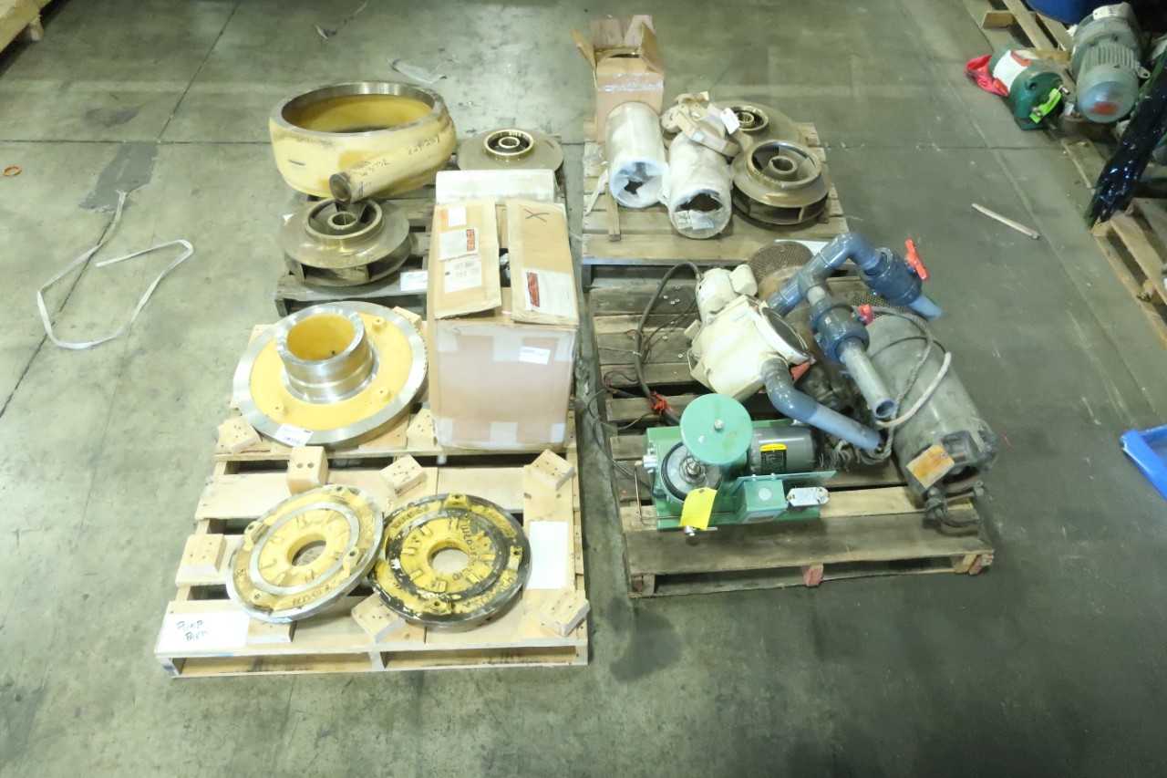 4 PALLETS OF ASSORTED PUMPS AND PUMP PARTS SUBMERSIBLE PUMPS CASINGS SEALS IMPELLARS - PUMPS