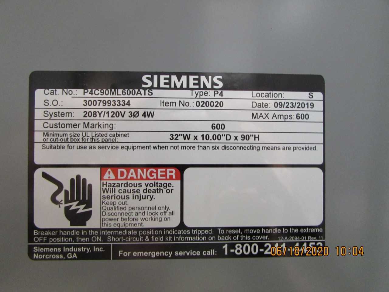 Siemens P4C90ML600ATS Panelboard - ELECTRICAL COMPONENTS