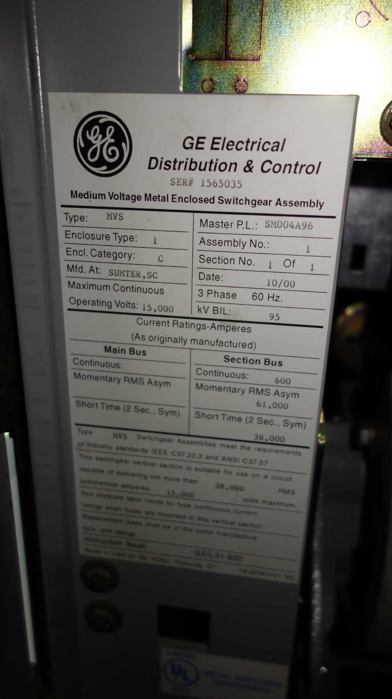 GE INDUSTRIAL MVS 15KV 600A LOAD INTERRUPTER SWITCH - ELECTRICAL COMPONENTS