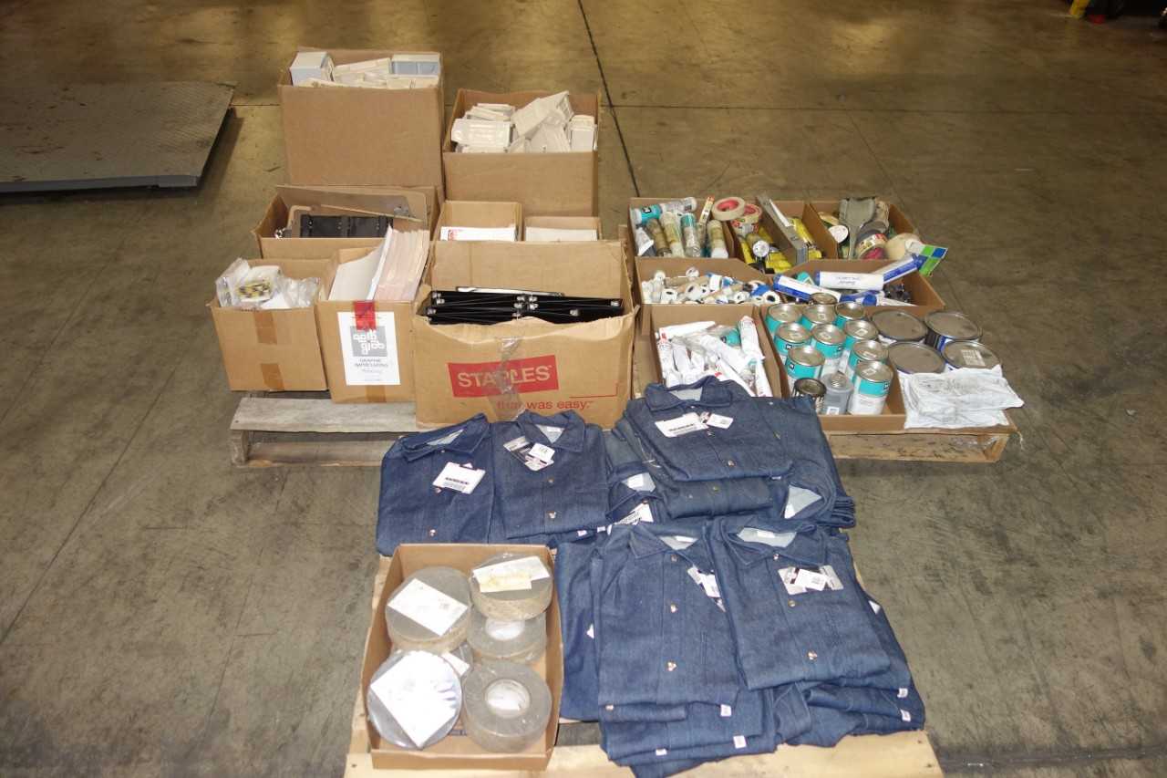 3 PALLETS OF MISCELLANEOUS ROLLING STOCK, SUPPLIES, TOTES, L DENIM SHIRTS, OFFICE SUPPLIES - PLANT & FACILITY