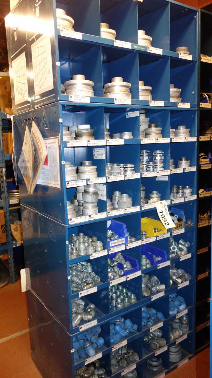 CONTENTS OF 4X STACKED PIGEON HOLE CABINET, ASSORTED ELECTRICAL CABLE CONNECTORS - ELECTRICAL COMPONENTS