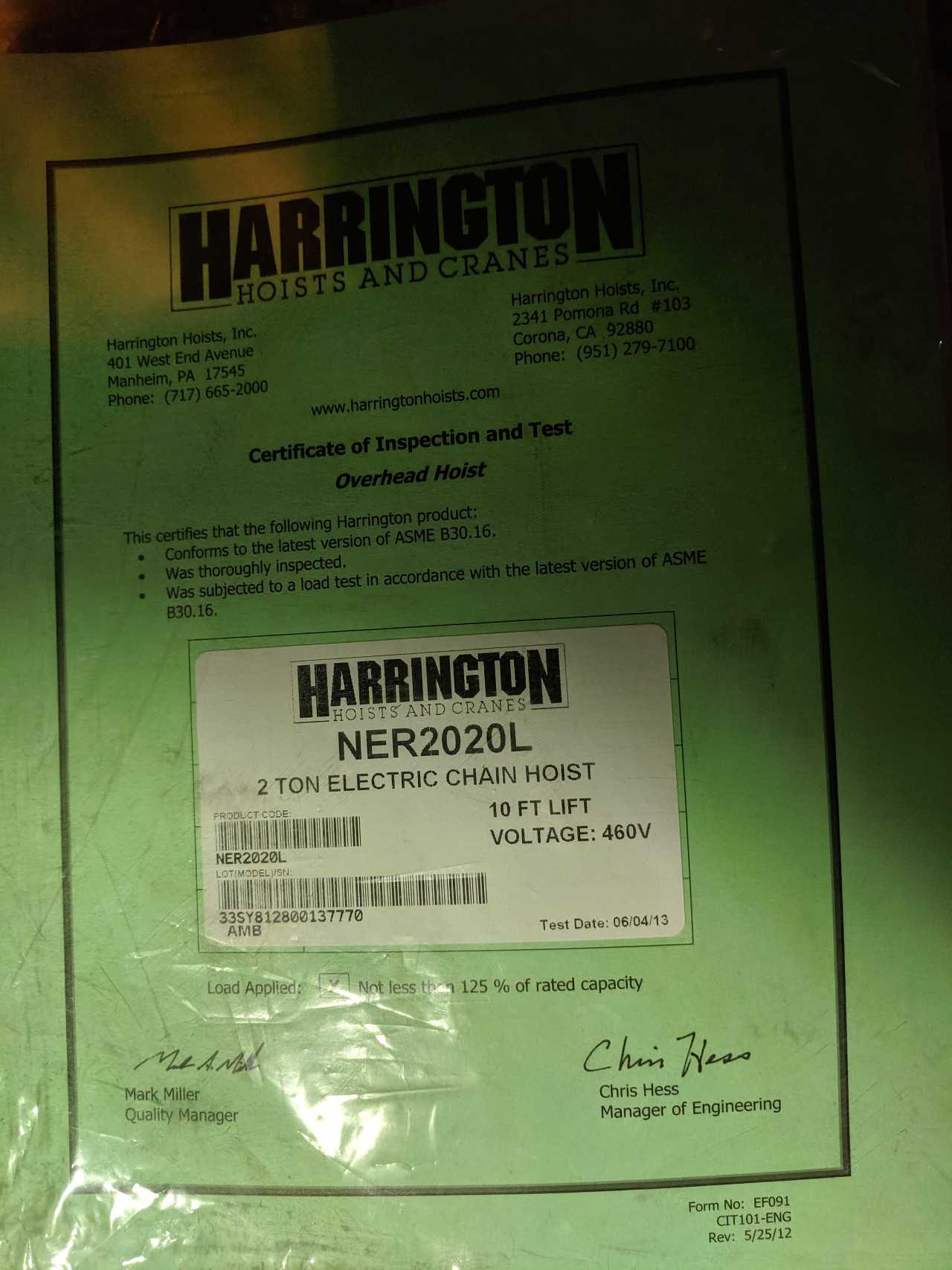 HARRINGTON NER2020L ELECTRIC CHAIN HOIST 2TON 230/460V - LIFTING EQUIPMENT