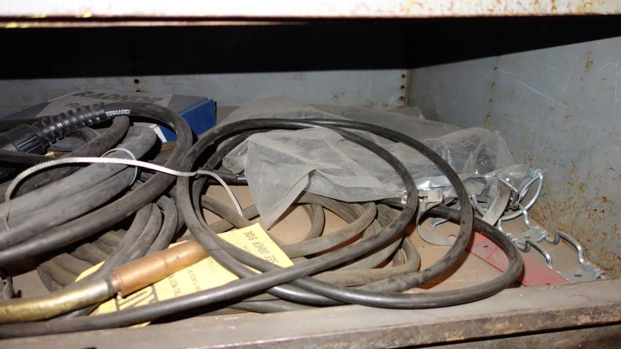 CABINET WITH CONTENTS, ASSORTED WELDING ACCESSORIES, TORCHES, AND FOOT PEDALS - WELDING EQUIPMENT