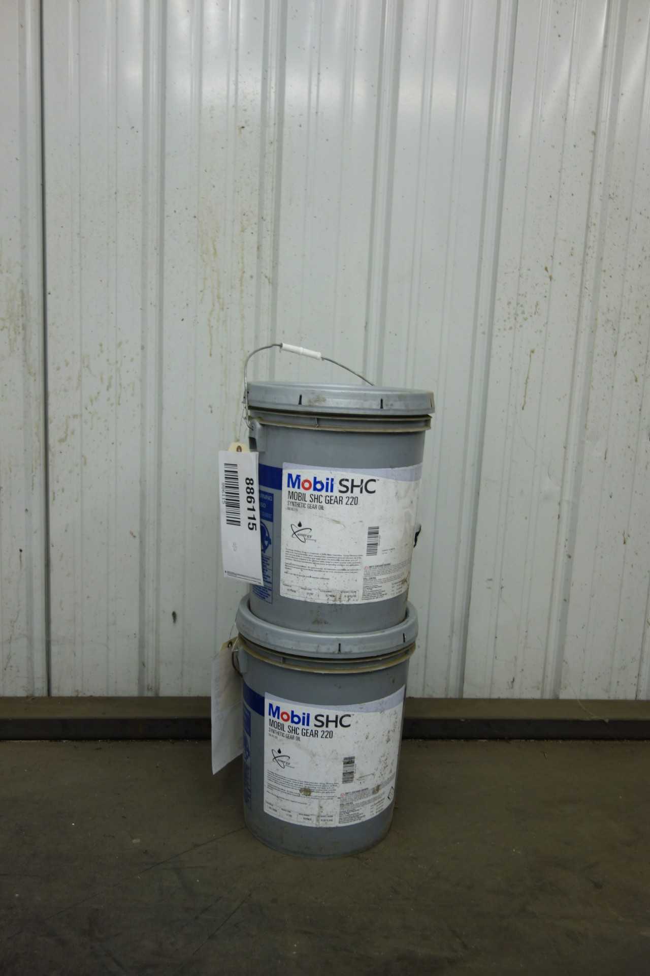 LOT OF 2 FULL 5 GALLON BUCKETS OF MOBIL SHC 220 SYNTHETIC GEAR OIL - GEAR REDUCERS
