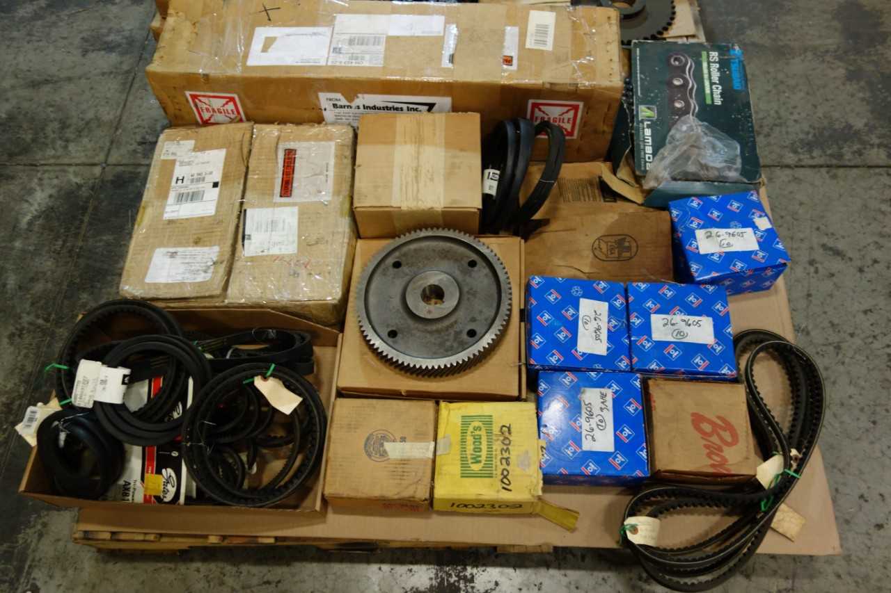 2 PALLETS OF ASSORTED BELTS, BUSHINGS, COUPLINGS, GEAR REDUCER, ROLLER CHAINS- SKF, DODGE, TB WOODS - GEAR REDUCERS