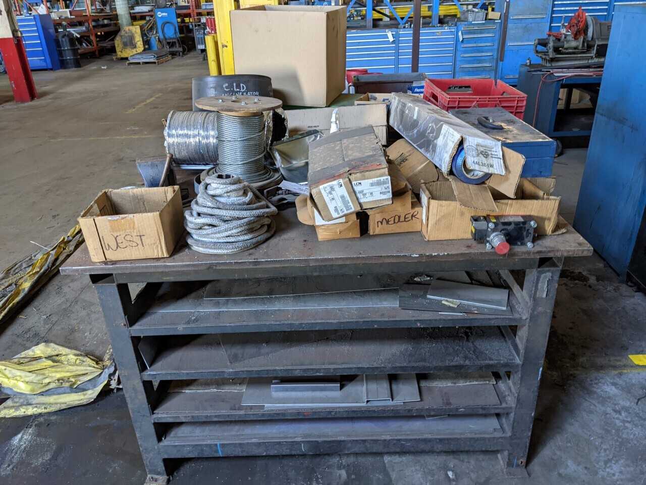 5 SHELF INDUSTRIAL STEEEL WORK TABLE WITH CONTENTS - MATERIAL HANDLING