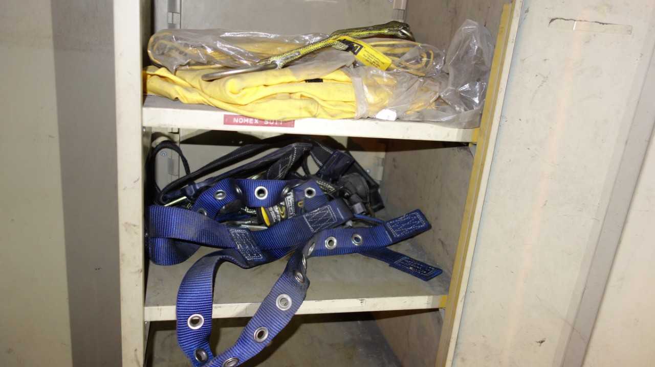 2 DOOR SAFETY LOCKER W/ CONTENTS, FIRE HELMETS, FACE SHIELDS, HARNESSES - TOOL STORAGE