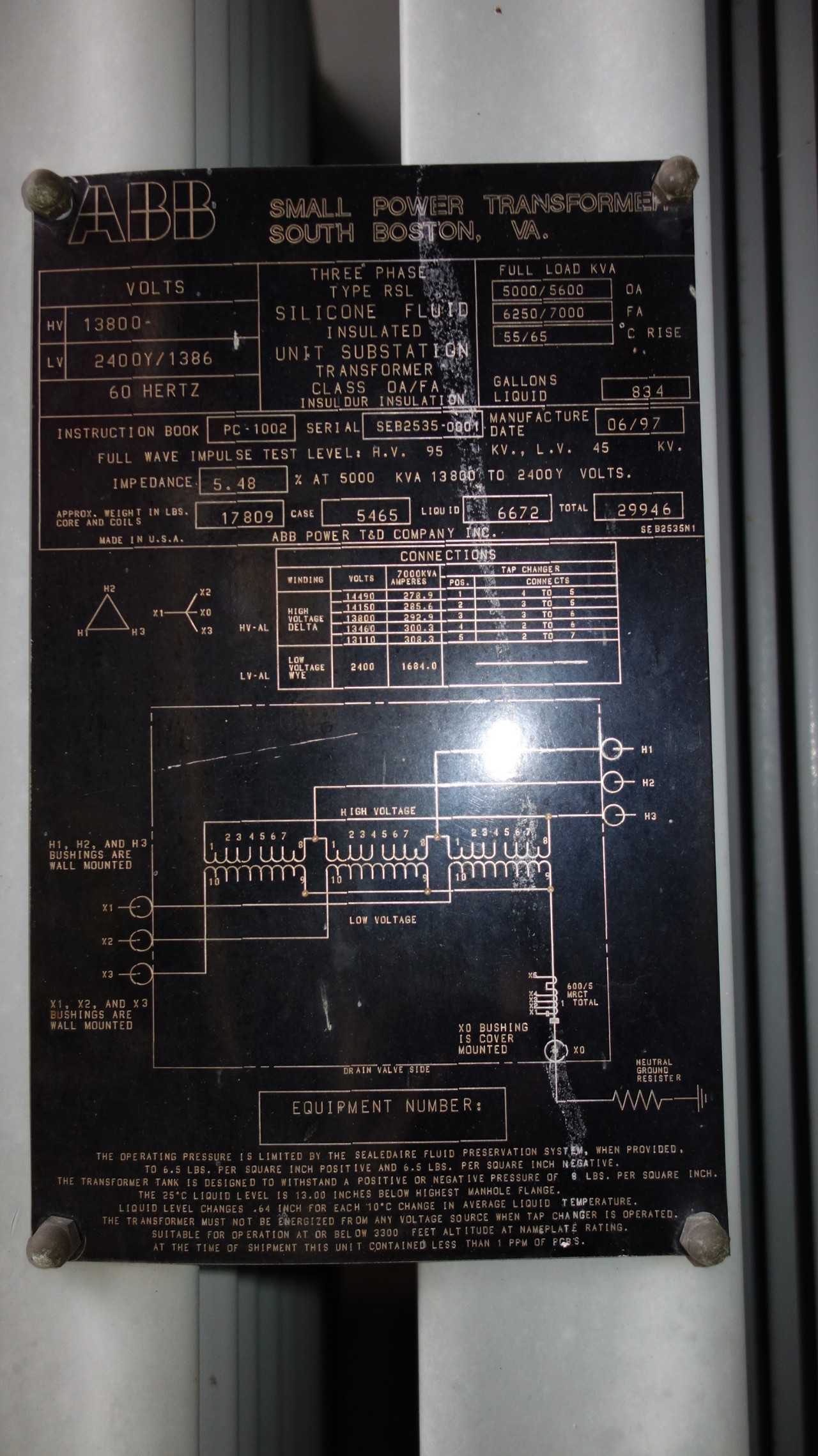 ABB Substation 5000/5600KVA 13800V-AC OIL FILLED TRANSFORMER - CONTROL TRANSFORMERS