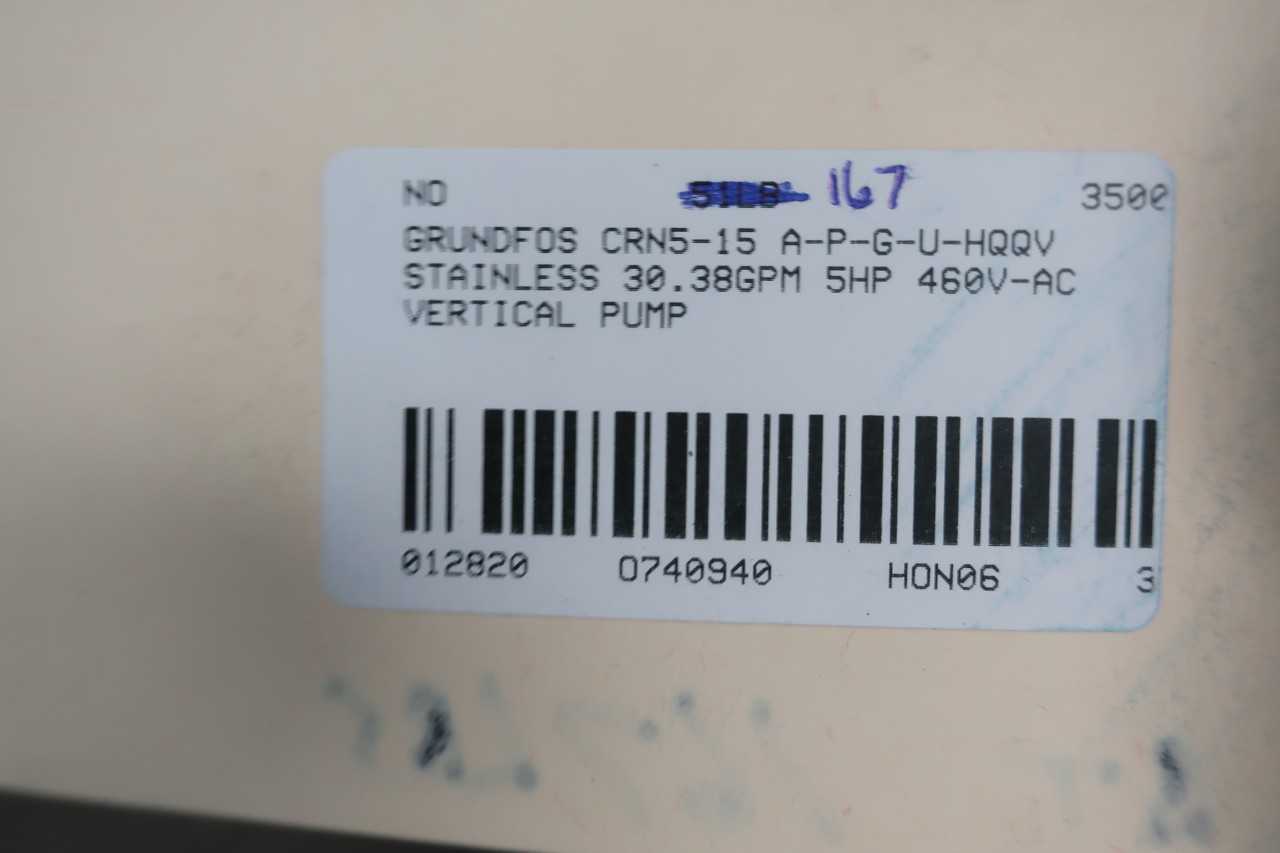 GRUNDFOS CRN5-15 A-P-G-U-HQQV STAINLESS 30.38GPM 5HP 460V-AC VERTICAL PUMP - ELECTRIC MOTORS
