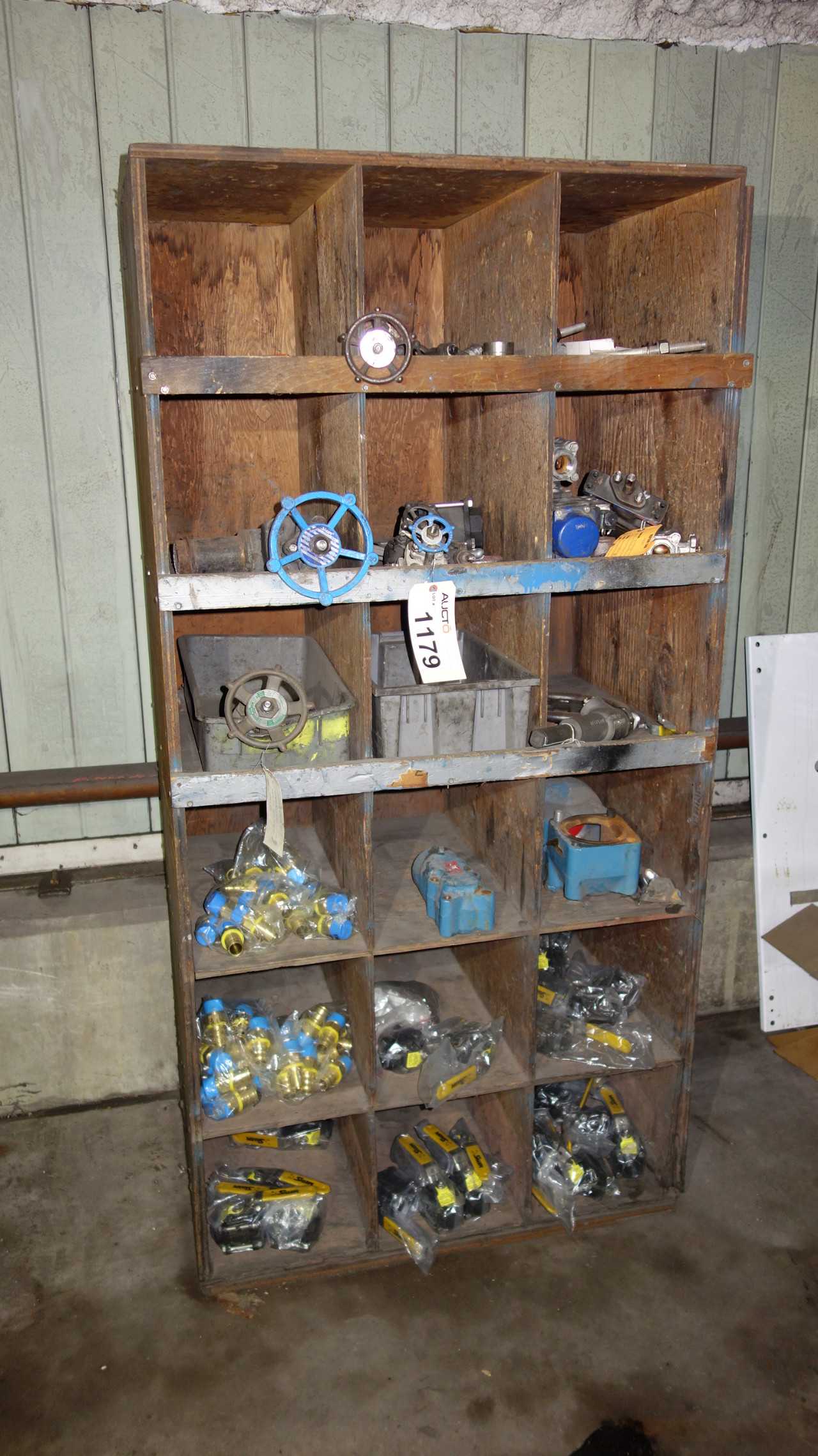 LOT OF ASSORTED VALVES, FITTINGS WITH WOOD SHELVING - SHELVING