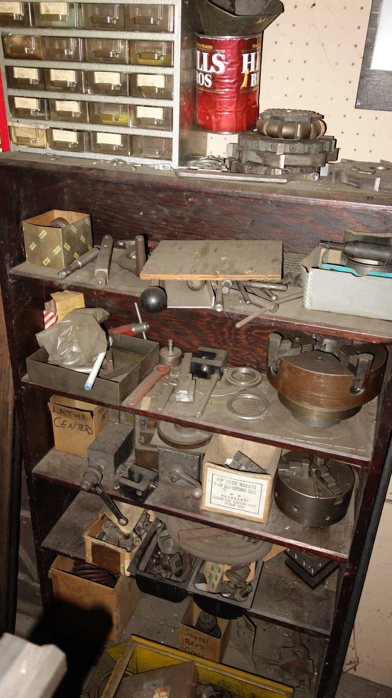 CABINET WITH CONTENTS, ASSORTED METALWORKING LATHE TOOLS, CHUCKS, GEARS, PINS - HOLEMAKING TOOLS