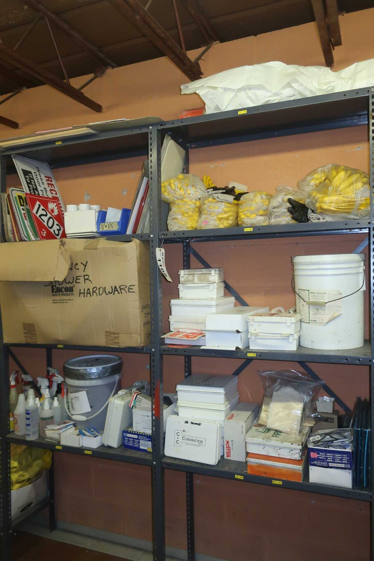 CONTENTS OF SHELF, ASSORTED SAFETY SUPPLIES, GLOVES, FIRST AID KIT, SPILL KIT, SAFETY SIGNS - SAFETY EQUIPMENT