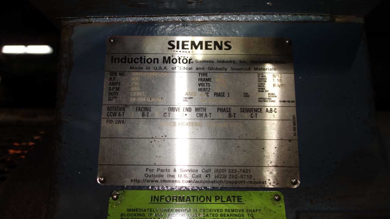 SIEMENS TYPE CG 400HP MOTOR 2300V 588Z 889RPM - MISCELLANEOUS