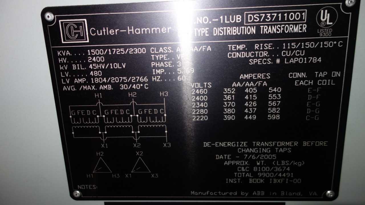 CUTLER HAMMER AA/AA/FA 2300KVA 2400V-AC TRANSFORMER - CONTROL TRANSFORMERS