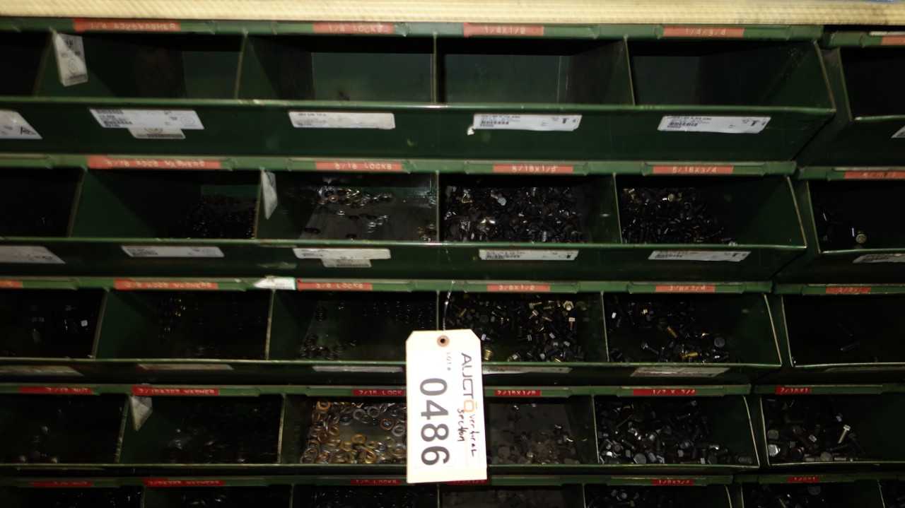 SHELVES OF ASSORTED THREADED SCREWS AND NUTS - INDUSTRIAL PARTS
