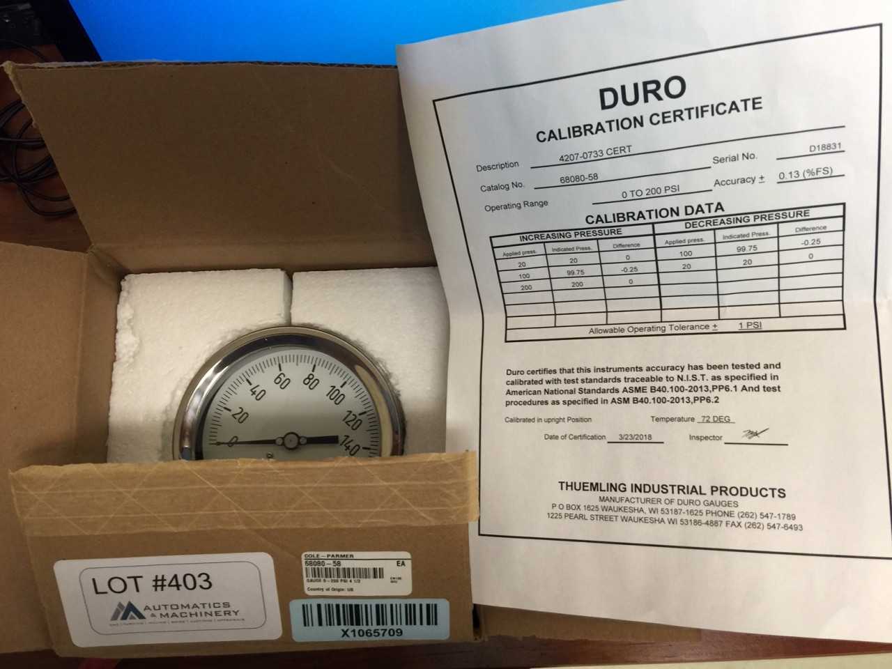 Duro Instruments Air Gauge with Calibration Certificate - INSTRUMENTATION