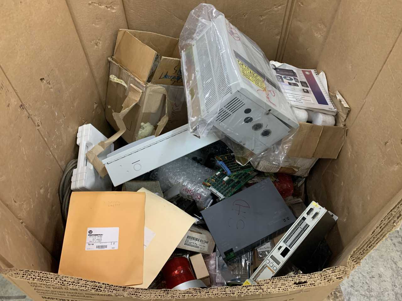 CRATE OF MISC. ELECTRICAL AUTOMATION EQUIPMENT RETURNS AND NON-WORKING PARTS - ELECTRICAL COMPONENTS