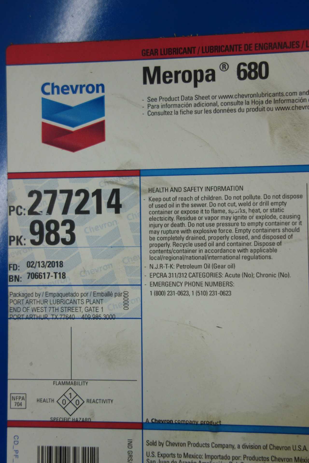 LOT OF 4 FULL 55 GALLON DRUMS OF CHEVRON MEROPA 150 GEAR OIL - ELECTRIC POWER TOOLS