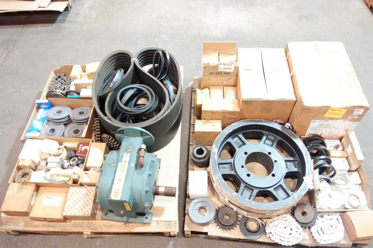 2 PALLETS OF ASSORTED GEAR REDUCERS, BUSHINGS, ROLLER CHAIN, SPROCKETS- MARTIN, LOVEJOY - GEAR REDUCERS