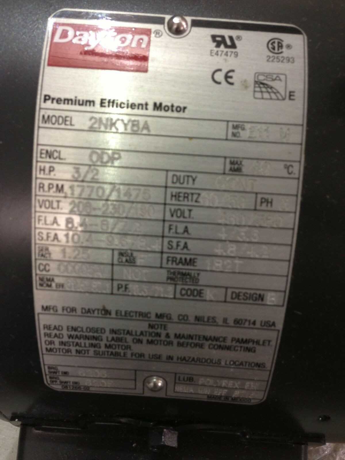 USED DAYTON 3 2 HP MOTOR 2NKYBA 1770 RPM - MISCELLANEOUS