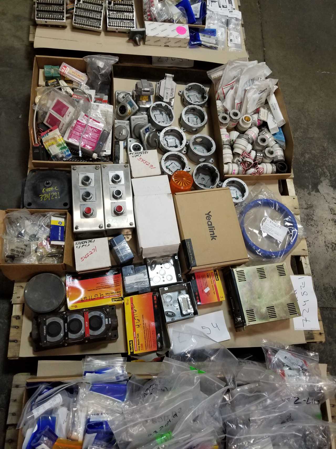 3 PALLETS OF ASSORTED ELECTRICAL- BULBS, CONTROLS, SOCKETS, SCANNERS - ELECTRICAL COMPONENTS
