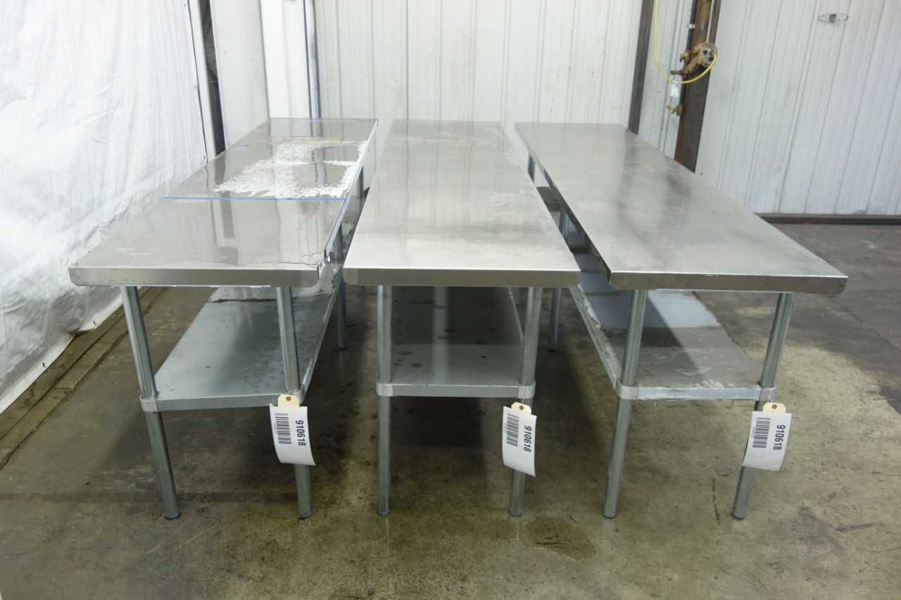 LOT OF 3 STAINLESS STEEL PRODUCTION TABLES - MATERIAL HANDLING