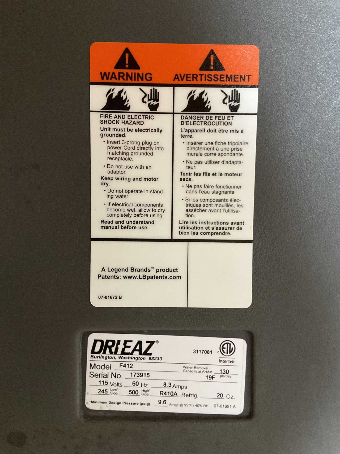 DRI-EAZ LGR 7000XLI F412 DEHUMIDIFIER - DEHUMIDIFIER