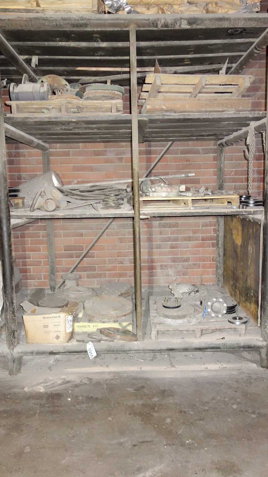 CONTENTS OF RACK, ASSORTED STEEL FLANGES, CLAMPS (INCLUDES 8 RACK SECTIONS & SIDE RACK) - SHELVING