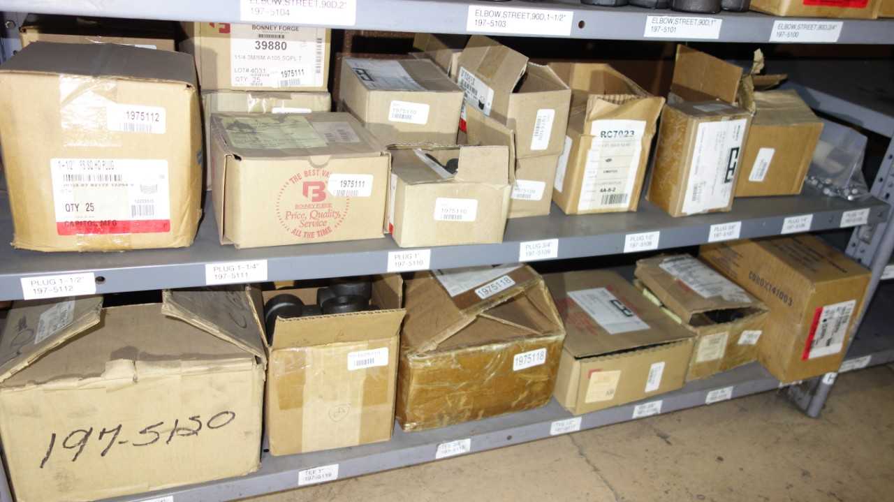 CONTENTS OF 2 SHELF COLUMNS, ASSORTED FITTINGS, ELBOWS, UNIONS - PROCESS EQUIPMENT