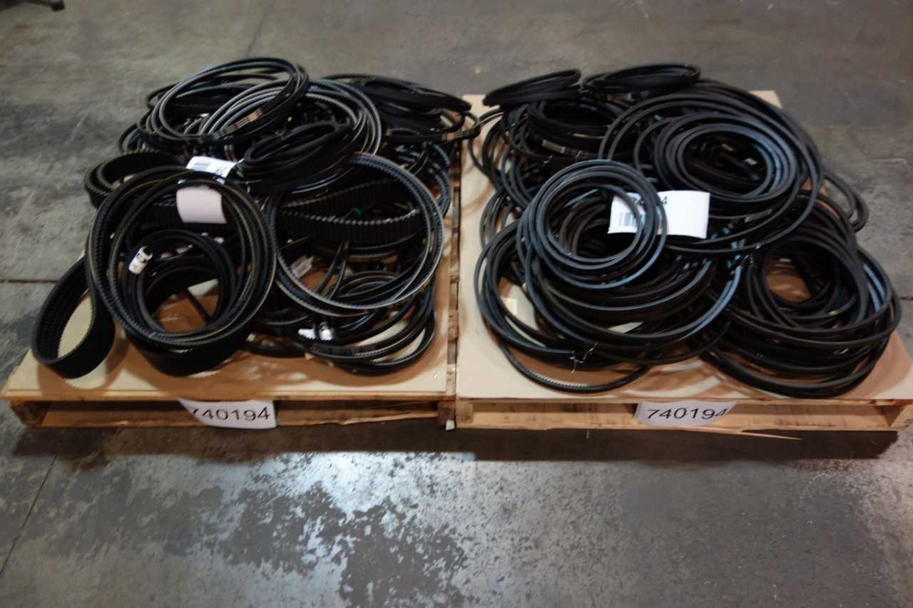 2 PALLETS OF ASSORTED V- BELTS AND TIMING BELTS- CATERPILLAR, BROWNING, GATES, JASON, GOODYEAR - BELTS