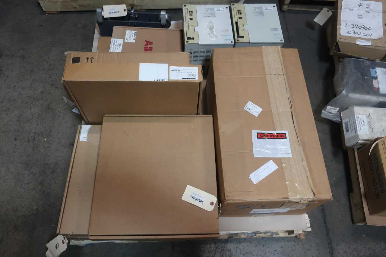 1 PALLET OF ASSORTED ELECTRICAL CIRCUIT BOARDS, CRANEGAURD SWITCH CONTROLS, SERVO AMP, MODULE COMMUNICATION CONTROL- ABB DILLON, MITSUBISHI, EMERSON, TRICONEX - AUTOMATION & CONTROLS