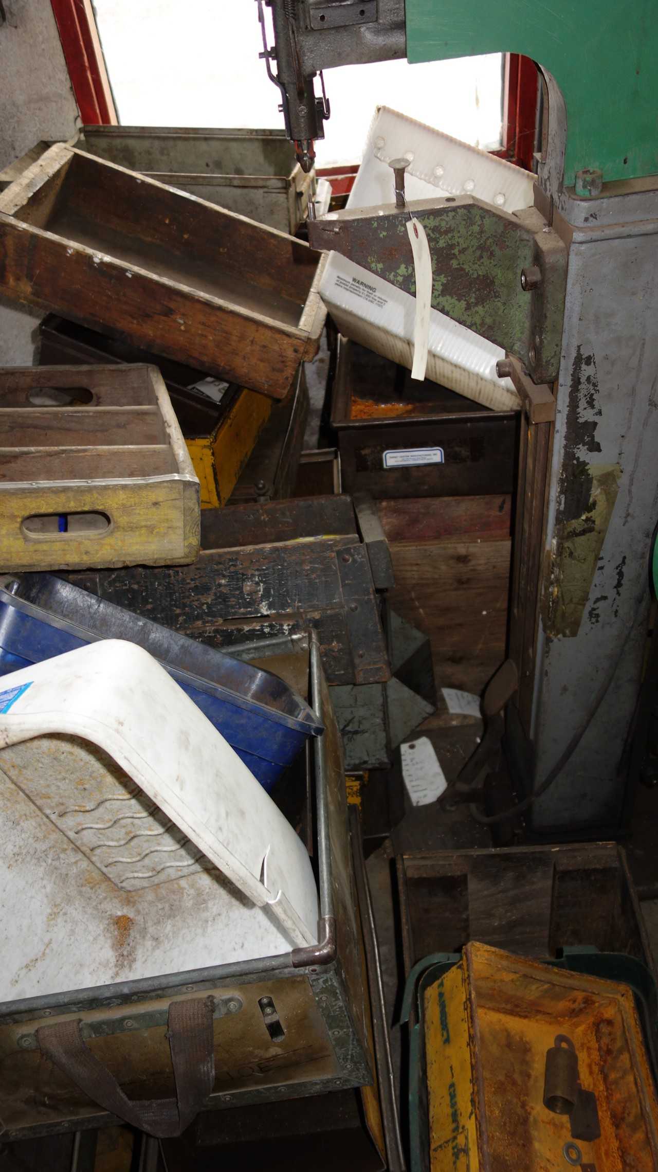 LOT OF ASSORTED BINS, TOTES AND BUCKETS, STEEL AND WOODEN - MATERIAL HANDLING