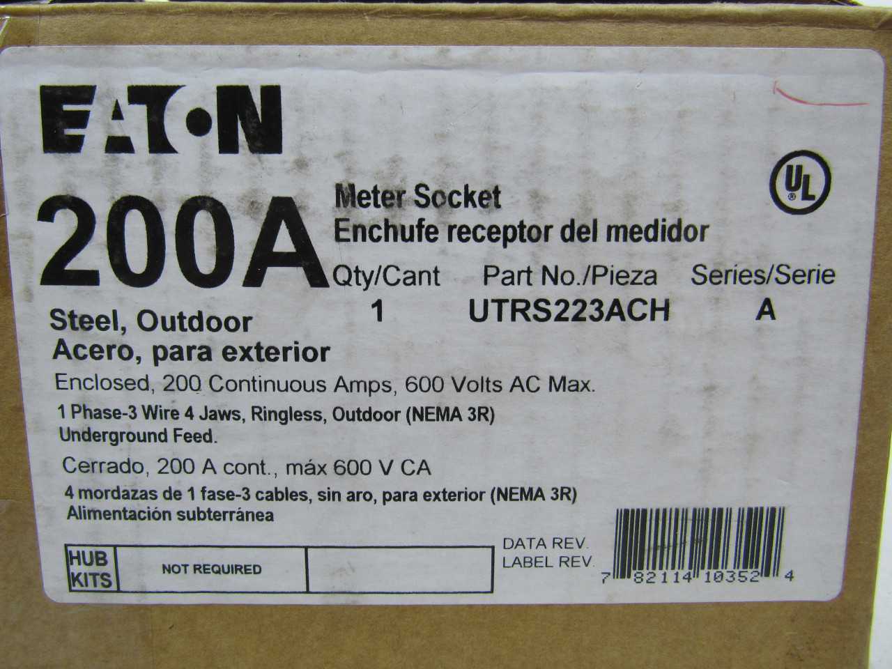 Quantity of 6 New Surplus Eaton UTRS223ACH Meter Socket Ringless 200A 600V 1Ph 4Jaws NEMA 3R - INDUSTRIAL PARTS