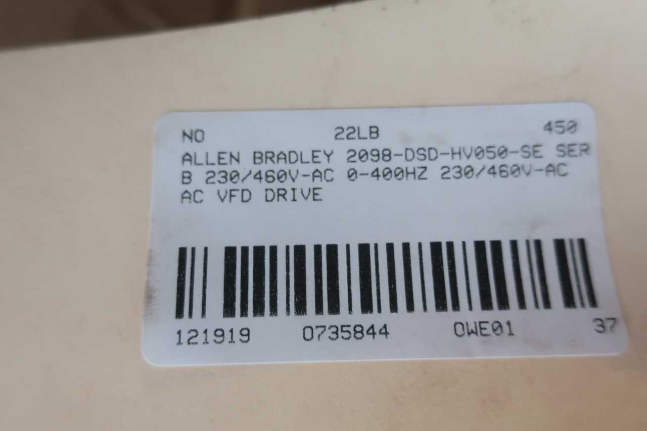 ALLEN BRADLEY 2098-DSD-HV050-SE SER B 230/460V-AC 0-400HZ 230/460V-AC AC VFD DRIVE - MOTOR DRIVES