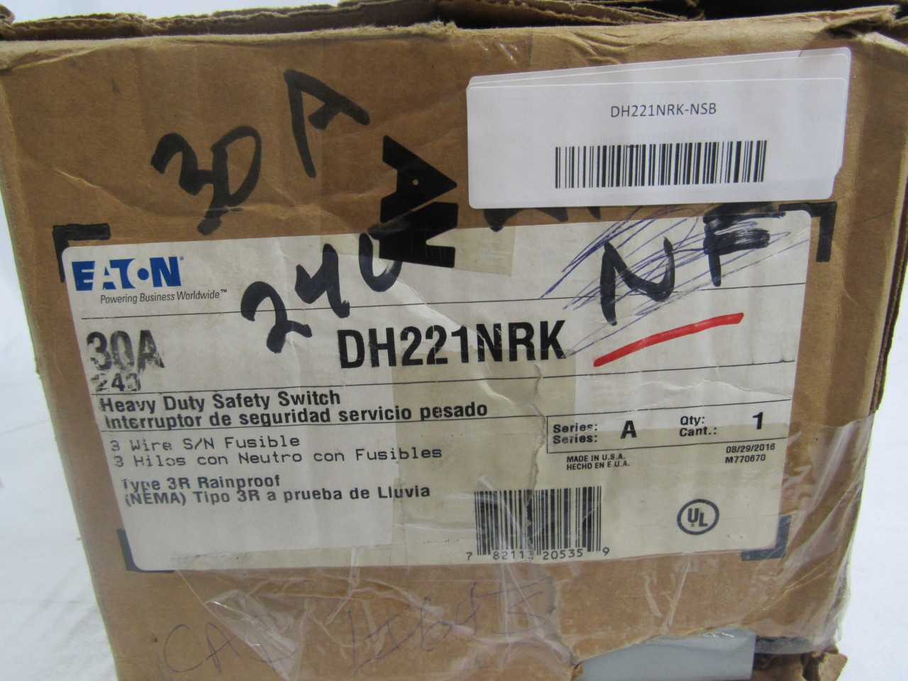 Quantity of 3 New Surplus Eaton DH221NRK Safety Switch 2P 30A 240V Fusible w/ Neutral NEMA 3R - ELECTRICAL COMPONENTS