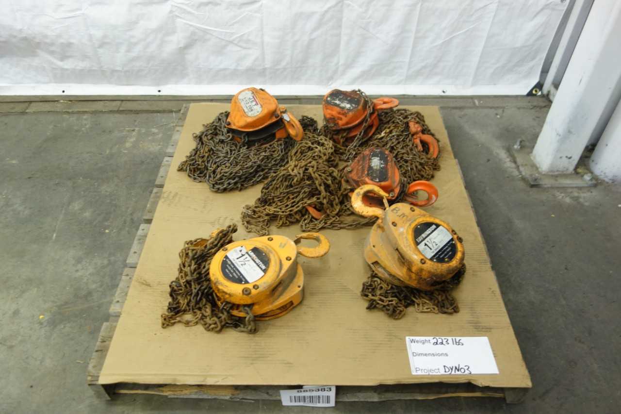 LOT OF 5 ASSORTED 1-1/2 TON CHAIN FALL MANUAL HOISTS - LIFTING EQUIPMENT