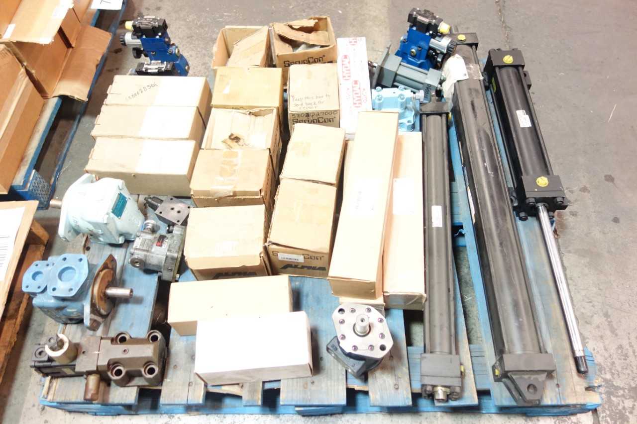 3 PALLETS OF ASSORTED VALVES, FILTERS, CYLINDERS, MOTORS, PUMP PARTS AND ACCESSORY- REXROTH, PARKER, SCHRADER - INDUSTRIAL PARTS