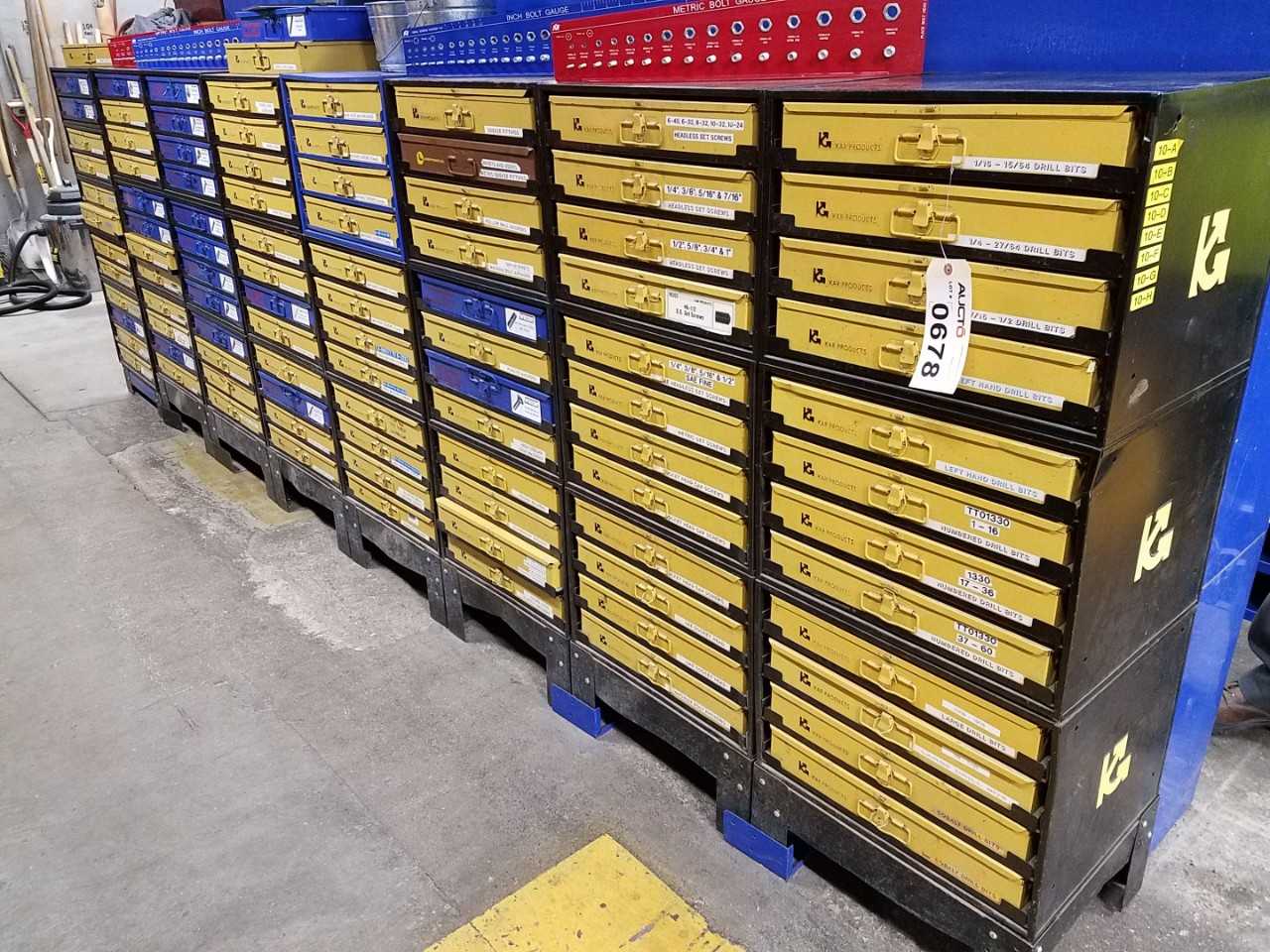 Lot of assorted Kar Products and Winzer cabinets with metal fasteners, o-rings, screws, bolts, dowel pins - TOOL STORAGE