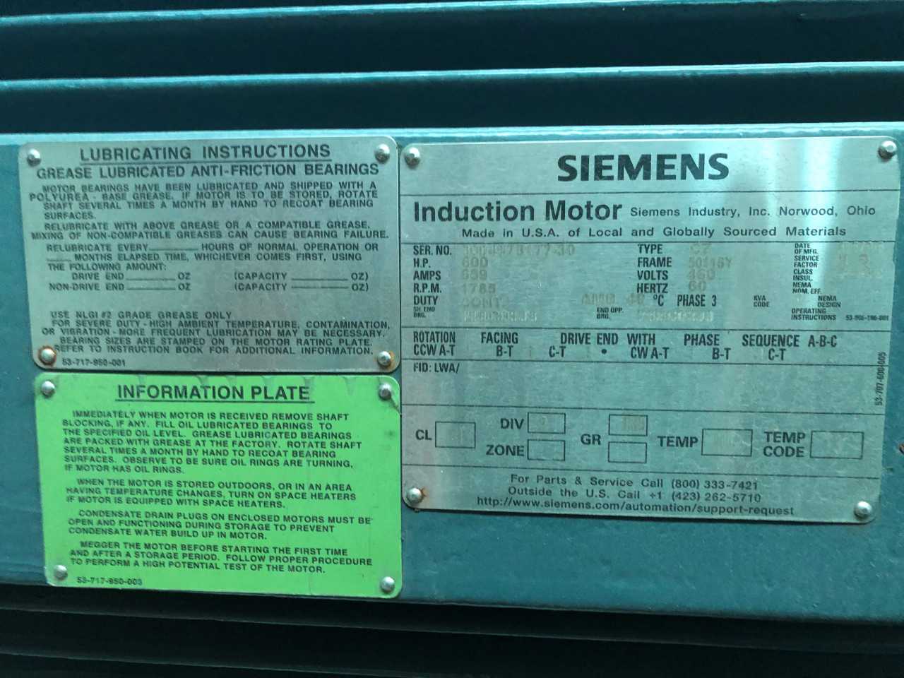 Unused Siemens AC Induction Electric Motor 600HP 1800RPM - ELECTRIC MOTORS