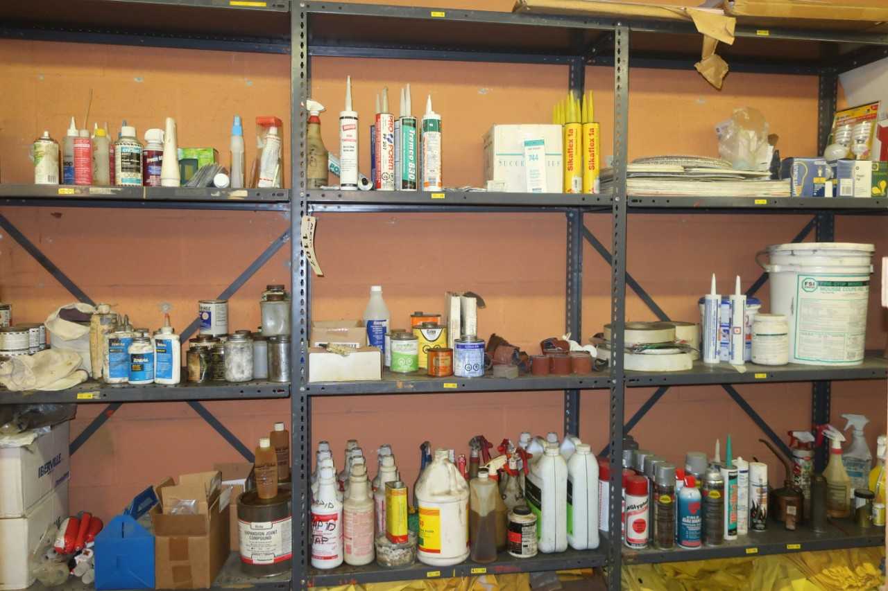 CONTENTS OF SHELF, ASSORTED CONSUMABLE SUPPLIES, OIL, JOINT COMPOUNDS, DUCT SEALANT, FIRE-STOP MOUSSE, SPRAYS - SAFETY EQUIPMENT