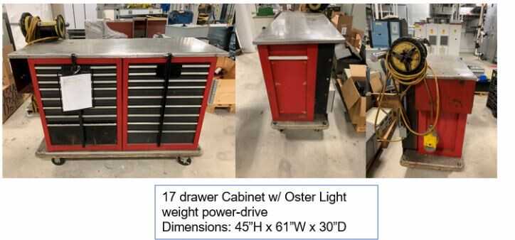 17 Drawer Cabinet w/ Oster Light weight Power Drive, 45"Hx61"Wx30"D - good condition - TOOL STORAGE